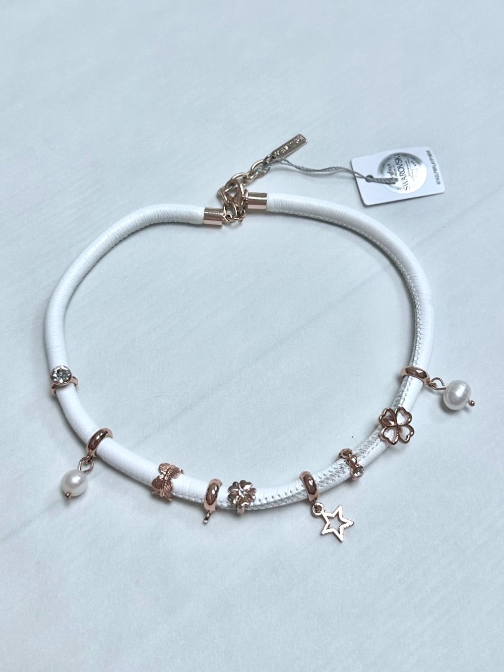 Swarovski White Leather Rose Gold Charm Necklace